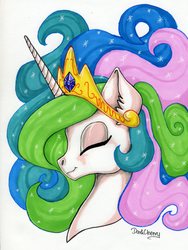 Size: 1752x2328 | Tagged: safe, artist:darkcherry87, princess celestia, g4, eyes closed, female, markers, portrait, smiling, solo, traditional art