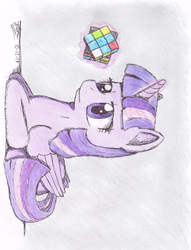 Size: 2036x2670 | Tagged: safe, artist:topgun308, twilight sparkle, alicorn, pony, g4, female, folded wings, glowing, glowing horn, high res, hilarious in hindsight, horn, lying down, magic, magic aura, mare, prone, purple smart, rubik's cube, sideways image, solo, telekinesis, traditional art, twilight sparkle (alicorn), wings