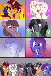 Size: 1500x2232 | Tagged: safe, artist:meggchan, oc, oc only, oc:electric spark, oc:pop candy, oc:purple skies, oc:star burst, oc:sweet voltage, oc:tricky, pony, unicorn, :o, angry, blushing, brother and sister, comic, confused, earring, elecstar, electricky, fear, female, floppy ears, frown, goggles, gritted teeth, heart, heart eyes, hoof hold, implied incest, implied testicular cancer, male, open mouth, piercing, popspark, pregnancy test, question mark, shocked, siblings, smiling, voltspark, wingding eyes