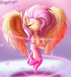 Size: 1200x1300 | Tagged: safe, artist:bugplayer, fluttershy, pegasus, pony, g4, eyes closed, female, flying, large wings, mare, smiling, solo, wings