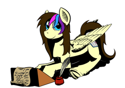 Size: 1169x826 | Tagged: safe, artist:darkhestur, oc, oc only, oc:lovely pages, pegasus, pony, female, ink, mare, parchment, quill, simple background, solo