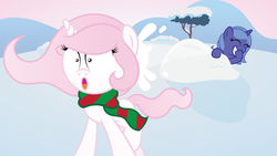 Size: 1366x768 | Tagged: safe, artist:t-3000, princess celestia, princess luna, g4, cewestia, cute, filly, snow, snowball, snowball fight, story included, woona