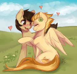 Size: 1255x1200 | Tagged: safe, artist:rainbowsprinklesart, artist:spittfireart, spitfire, oc, oc:chocolate chips, earth pony, pegasus, pony, g4, blushing, canon x oc, cloud, clover, cute, eyes closed, female, firechips, four leaf clover, heart, hug, male, mare, shipping, stallion, straight