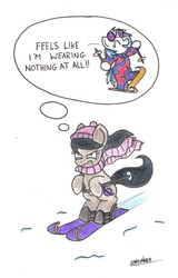Size: 1397x2185 | Tagged: safe, artist:bobthedalek, dj pon-3, octavia melody, vinyl scratch, earth pony, pony, unicorn, g4, backwards cutie mark, clothes, dj boot-3, feels like i'm wearing nothing at all, hat, male, octavia is not amused, parody, scarf, skiing, stupid sexy dj pon-3, stupid sexy flanders, stupid sexy vinyl, the simpsons, traditional art, unamused, we don't normally wear clothes