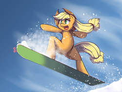 Size: 1024x768 | Tagged: safe, artist:tikrs007, applejack, earth pony, pony, g4, action pose, anatomically incorrect, bipedal, female, incorrect leg anatomy, snow, snowboard, solo