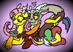 Size: 2432x1724 | Tagged: safe, artist:scribblesketchscoo, discord, fluttershy, oc, oc:abstract, hybrid, g4, colored sclera, draconequified, female, flutterequus, gradient background, interspecies offspring, male, mismatched horns, offspring, parent:discord, parent:fluttershy, parents:discoshy, pink background, ship:discoshy, shipping, simple background, species swap, straight, yellow sclera
