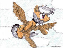 Size: 1020x783 | Tagged: safe, artist:topgun308, daring do, pegasus, pony, g4, cloud, female, flying, mare, sky, solo, spread wings, traditional art, wings