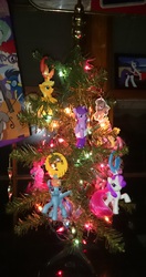 Size: 1825x3458 | Tagged: safe, applejack, fluttershy, pinkie pie, rainbow dash, rarity, twilight sparkle, g4, christmas, christmas lights, christmas tree, discord whooves, mane six, ornaments, tree