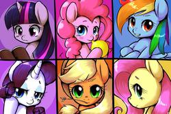 Size: 1024x682 | Tagged: dead source, safe, artist:dobado, applejack, fluttershy, pinkie pie, rainbow dash, rarity, twilight sparkle, earth pony, pegasus, pony, unicorn, g4, balloon, blowing up balloons, book, crossed arms, eyebrows, looking at you, mane six, smiling, straw in mouth