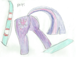 Size: 1944x1458 | Tagged: safe, artist:2shyshy, twilight sparkle, g4, butt, buttstuck, female, newbie artist training grounds, plot, skis, snow, solo, stuck, traditional art