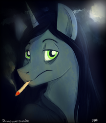 Size: 1280x1475 | Tagged: safe, artist:dunnowhattowrite, artist:tugon, oc, oc only, pony, unicorn, cigarette, dark, long mane, ponysona, smoke, smoking