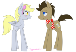 Size: 4675x3229 | Tagged: safe, artist:skywarriorstare, derpy hooves, doctor whooves, time turner, pegasus, pony, g4, bow, clothes, female, looking at each other, male, mare, scarf, ship:doctorderpy, shipping, simple background, straight, transparent background