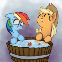 Size: 2000x2000 | Tagged: safe, artist:impcjcaesar, applejack, rainbow dash, g4, apple, apple bobbing, high res, ice, this will end in tears