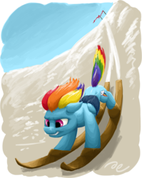 Size: 1538x1933 | Tagged: safe, artist:da-exile, rainbow dash, pegasus, pony, g4, atg 2014, bound wings, determined, female, floppy ears, mare, newbie artist training grounds, signature, skiing, skis, snow, solo, windswept mane, winter