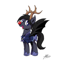 Size: 1447x1447 | Tagged: safe, artist:lovelyneckbeard, oc, oc only, oc:midnight tales, bat pony, pony, armor, happy, night guard, red nose, reindeer antlers, simple background, transparent background