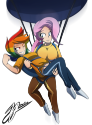 Size: 1107x1500 | Tagged: safe, artist:geistbox, fluttershy, rainbow dash, human, g4, air ponyville, big breasts, breasts, busty fluttershy, female, humanized, parachute, simple background, skydiving, transparent background