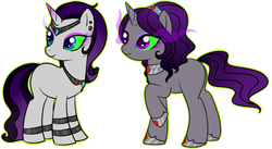 Size: 983x537 | Tagged: safe, artist:ocrystal, oc, oc only, pony, circlet, dark magic, ear piercing, female, glowing eyes, jewelry, magic, mare, necklace, offspring, parent:king sombra, parent:rarity, parents:sombrarity, raised hoof, simple background, sisters, smiling, sombra eyes, transparent background