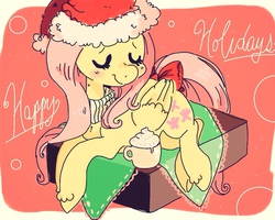 Size: 960x768 | Tagged: safe, artist:supernoncutie, fluttershy, g4, blushing, clothes, eyes closed, female, folded wings, happy holidays, hat, hot chocolate, prone, santa hat, scarf, solo, tail bow, turned head, wings