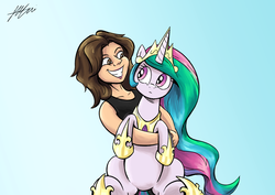 Size: 2046x1447 | Tagged: dead source, safe, artist:lovelyneckbeard, princess celestia, human, pony, g4, confused, cute, cutelestia, frown, grin, holding a pony, hug, nicole oliver, smiling, voice actor joke