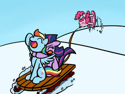 Size: 1280x960 | Tagged: safe, artist:flutterluv, pinkie pie, rainbow dash, twilight sparkle, alicorn, pony, g4, clothes, female, mare, scarf, skiing, sled, snow, twilight sparkle (alicorn), winter