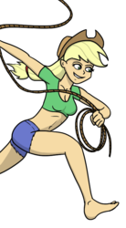 Size: 436x791 | Tagged: safe, artist:varemia, applejack, equestria girls, g4, belly button, cleavage, clothes, daisy duke, feet, female, lasso, midriff, running, shorts, simple background, solo, transparent background