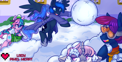 Size: 4500x2309 | Tagged: dead source, safe, artist:ladypixelheart, princess luna, oc, oc:cavatina, oc:shadow, oc:sonate, g4, high res, snow, snowball, snowball fight, winter