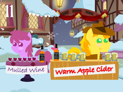 Size: 1024x768 | Tagged: safe, artist:bronybyexception, berry punch, berryshine, braeburn, earth pony, pony, g4, advent calendar, apple cider, applejack daniel's, blushing, christmas, cider, crush, female, hearth's warming, male, mulled wine, pointy ponies, shipping, snow, straight, wine