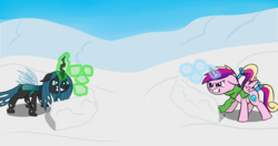 Size: 1200x634 | Tagged: dead source, safe, artist:icesticker, princess cadance, queen chrysalis, g4, clothes, magic, scarf, snow, snowball, snowball fight, winter