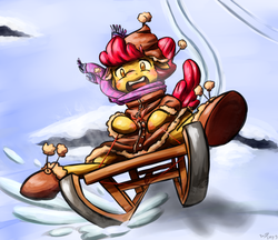 Size: 2200x1900 | Tagged: safe, artist:benjik, apple bloom, g4, clothes, coat, female, sled, snow, solo