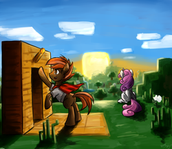 Size: 2200x1900 | Tagged: safe, artist:benjik, button mash, sweetie belle, earth pony, pony, unicorn, g4, colt, duo, duo male and female, female, filly, foal, male, minecraft, rearing, video game