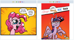 Size: 693x374 | Tagged: safe, idw, official comic, pinkie pie, twilight sparkle, alicorn, pony, derpibooru, friends forever #12, g4, my little pony: friends forever, spoiler:comic, censored vulgarity, exploitable meme, female, juxtaposition, juxtaposition win, mare, meme, meta, twilight sparkle (alicorn)