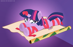 Size: 1236x800 | Tagged: safe, artist:ladyanidraws, twilight sparkle, g4, crying, fail, filly, filly twilight sparkle, ribbon, tied up, wrapping, wrapping paper, younger