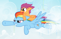 Size: 4000x2600 | Tagged: safe, artist:shinodage, rainbow dash, scootaloo, g4, flying, ponies riding ponies, riding, scootaloo riding rainbow dash, scootalove
