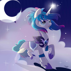 Size: 3600x3600 | Tagged: safe, artist:parfywarfy, oc, oc only, oc:iridescence, pony, unicorn, armor, cloud, cloudy, guardsmare, high res, magic, moon, night, night guard, open mouth, ponytail, raised hoof, royal guard, solo, stars