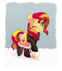 Size: 903x1034 | Tagged: safe, artist:hikariviny, sunset shimmer, pony, unicorn, g4, clothes, female, snow, snowfall, solo, winter outfit