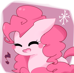 Size: 726x709 | Tagged: safe, artist:miushi10, pinkie pie, g4, abstract background, blushing, cute, diapinkes, eyes closed, female, happy, open mouth, pixiv, singing, snow, snowflake, solo