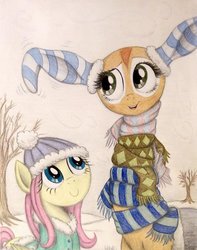 Size: 794x1007 | Tagged: safe, artist:thefriendlyelephant, fluttershy, oc, oc:nuk, antelope, gerenuk, g4, big ears, big eyes, clothes, cute, duo, hat, scarf, snow, socks, traditional art, winter, winter outfit