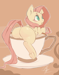 Size: 1080x1376 | Tagged: safe, artist:chingilin, fluttershy, pegasus, pony, g4, blank flank, butt, cup, cup of pony, cute, dock, featureless crotch, female, fluffy, flutterbutt, from behind, mare, missing cutie mark, plot, raised tail, sepia, shyabetes, solo, teacup, underhoof