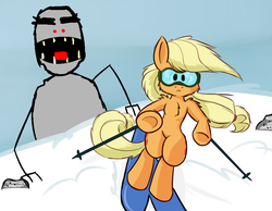 Size: 900x700 | Tagged: safe, artist:heir-of-rick, applejack, yeti, daily apple pony, g4, chest fluff, crossover, goggles, hatless, missing accessory, skifree, skiing, snow