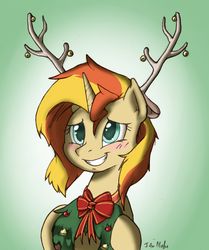 Size: 710x850 | Tagged: safe, artist:i am nude, sunset shimmer, pony, unicorn, g4, ambiguous facial structure, antlers, blushing, christmas, colored pupils, cute, female, reindeer antlers, shimmerbetes, smiling, solo, wreath