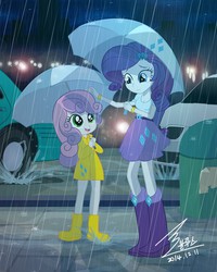 Size: 1100x1375 | Tagged: safe, artist:bluse, rarity, sweetie belle, equestria girls, g4, boots, bracelet, car, clothes, coat, female, high heel boots, jewelry, puddle, rain, rain boots, raincoat, show accurate, sisters, umbrella, wet boots, wet clothes