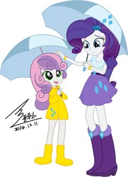 Size: 900x1245 | Tagged: safe, artist:bluse, rarity, sweetie belle, equestria girls, g4, background removed, boots, bracelet, breasts, clothes, coat, cute, cutie mark on clothes, female, high heel boots, jewelry, rain boots, raincoat, show accurate, signature, simple background, sisters, skirt, umbrella, white background