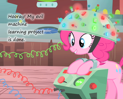 Size: 890x720 | Tagged: safe, edit, edited screencap, screencap, pinkie pie, feeling pinkie keen, g4, my little pony: friendship is magic, cropped, evil, female, insane pony thread, machine, solo, text