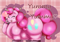 Size: 1660x1160 | Tagged: safe, artist:braffy, pinkie pie, earth pony, pony, g4, apple, belly, big belly, candy, candy apple, candy cane, eating, eyes closed, fat, female, food, happy, heart, huge butt, large butt, mare, morbidly obese, obese, open mouth, piggy pie, pudgy pie, solo, unshorn fetlocks, yummy
