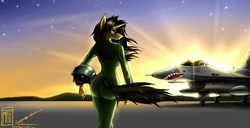 Size: 4500x2300 | Tagged: safe, artist:thedrunkcoyote, oc, oc only, oc:amber steel, unicorn, anthro, anthro oc, f-16 fighting falcon, fighter, flight suit, helmet, looking back, mexican flag, pilot, plane, solo