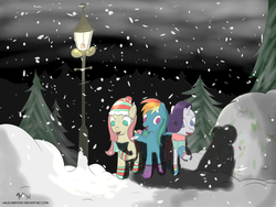 Size: 2400x1800 | Tagged: safe, artist:halflingpony, fluttershy, rainbow dash, rarity, pony, g4, snow, snowfall