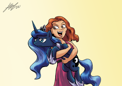 Size: 1280x905 | Tagged: dead source, safe, artist:lovelyneckbeard, princess luna, human, pony, g4, cute, frown, holding a pony, hug, luna is not amused, lunabetes, open mouth, smiling, tabitha st. germain, unamused, varying degrees of amusement, varying degrees of want, voice actor joke