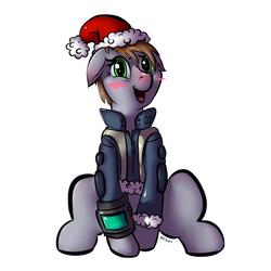 Size: 3000x3000 | Tagged: safe, artist:banshee, oc, oc only, oc:littlepip, pony, unicorn, fallout equestria, blushing, christmas, clothes, fanfic, fanfic art, female, floppy ears, hat, high res, hooves, horn, jumpsuit, mare, open mouth, pipbuck, santa hat, simple background, sitting, solo, vault suit, white background