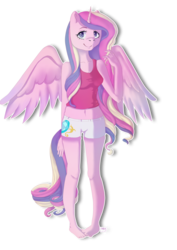 Size: 2480x3507 | Tagged: safe, artist:nutterfluff, princess cadance, anthro, plantigrade anthro, g4, barefoot, belly button, clothes, feet, female, high res, looking at you, midriff, shorts, simple background, smiling, solo, spread wings, tank top, transparent background