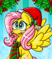 Size: 1024x1152 | Tagged: safe, artist:spacecat-studios, fluttershy, g4, candy cane, clothes, female, hat, santa hat, scarf, solo